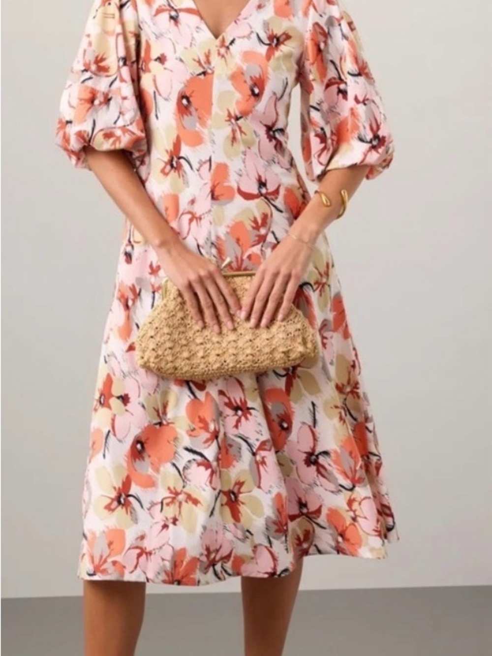 CAARA Esti Floral V-Neck Puff Sleeve Midi Dress in Peach & Pink